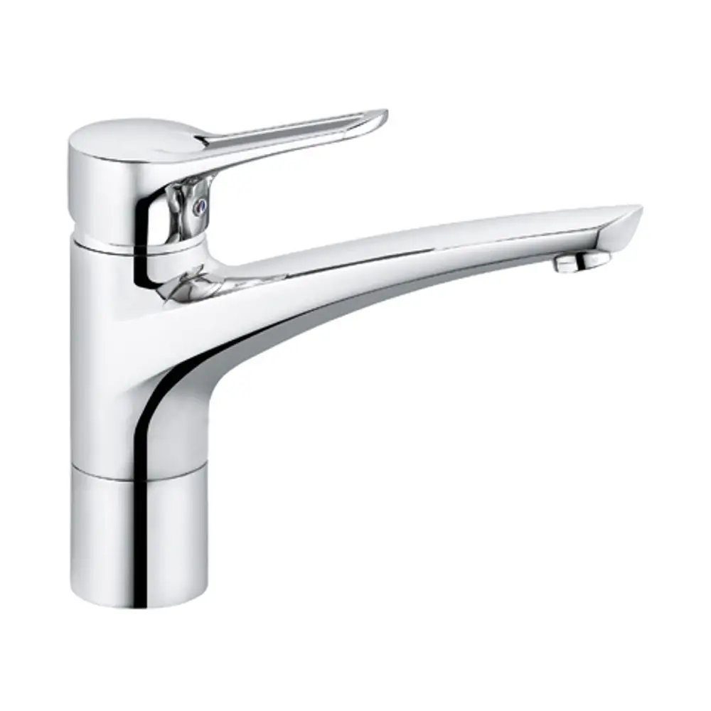 Kludi Küchenarmatur in chrom mit einem langen Auslauf und einer ergonomischen Hebelbedienung, geeignet für Niederdrucksysteme.